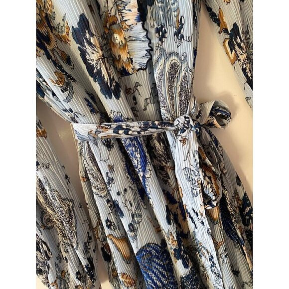 Tory Burch Deneuve Paisley Dress Size 0 Blue Crinkle Floral Ruffle Long Sleeve - Picture 9 of 14